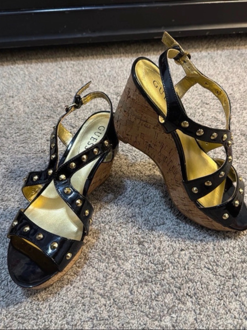 GUESS Black and Gold Studded Cork Wedge Sandals (Y2K 2006)